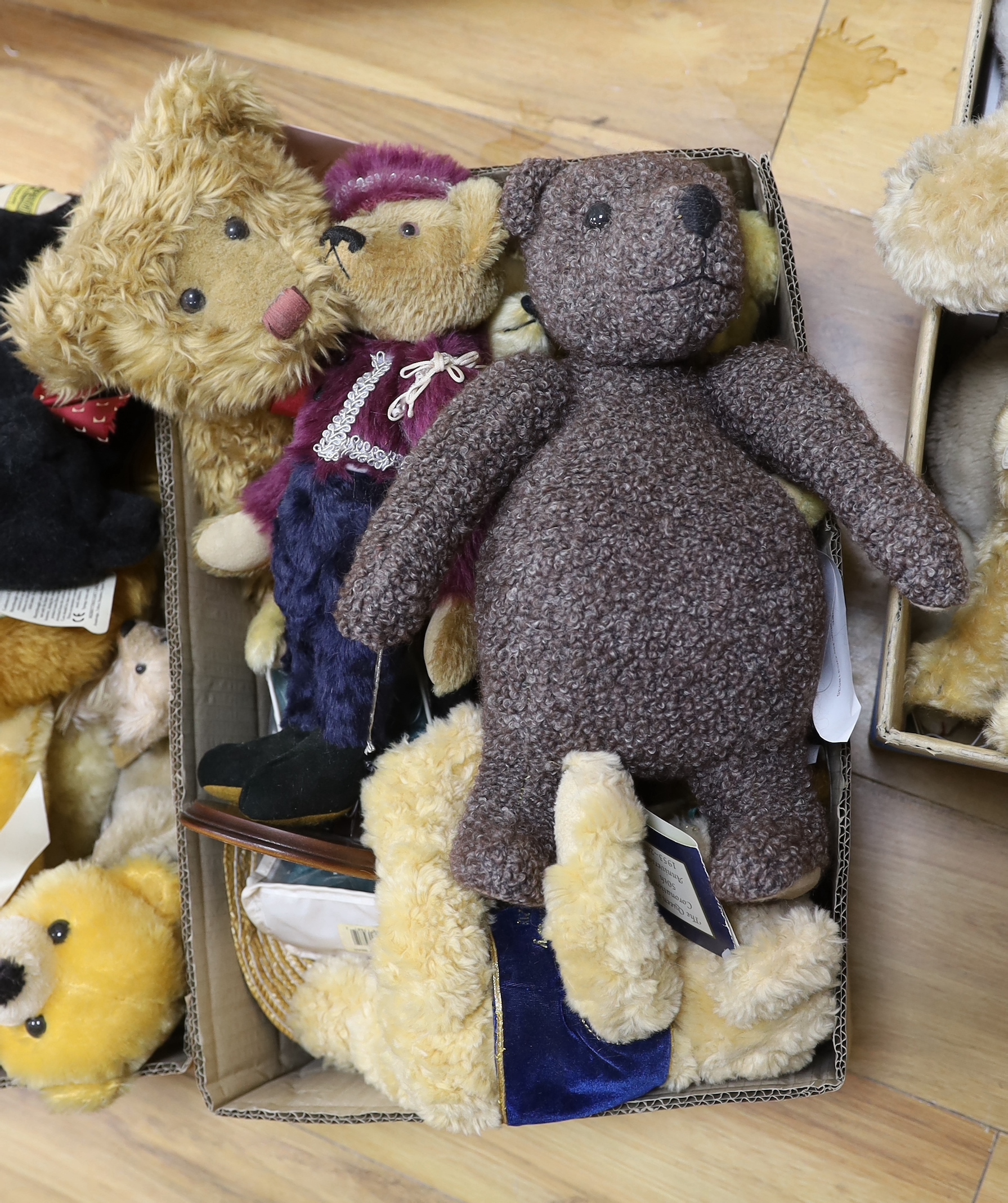 A Classic 'Fellow' Terrier label / tag with five assorted yellow tag animals, also boxed Museum Collection 'Rattler' Terrier white label with neck mechanism and a black Merrythought teddy